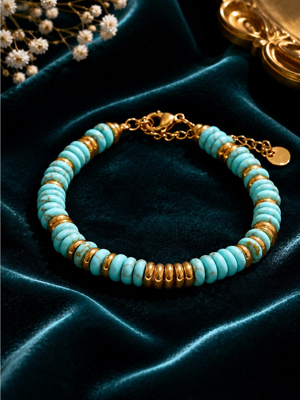 Turquoise and Gold Beaded Bracelet - Picture 2 of 5
